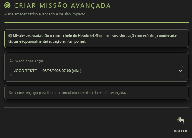 Tela Criar missão avançada com aviso sobre missões avançadas, campo Selecionar Jogo e botão Voltar.